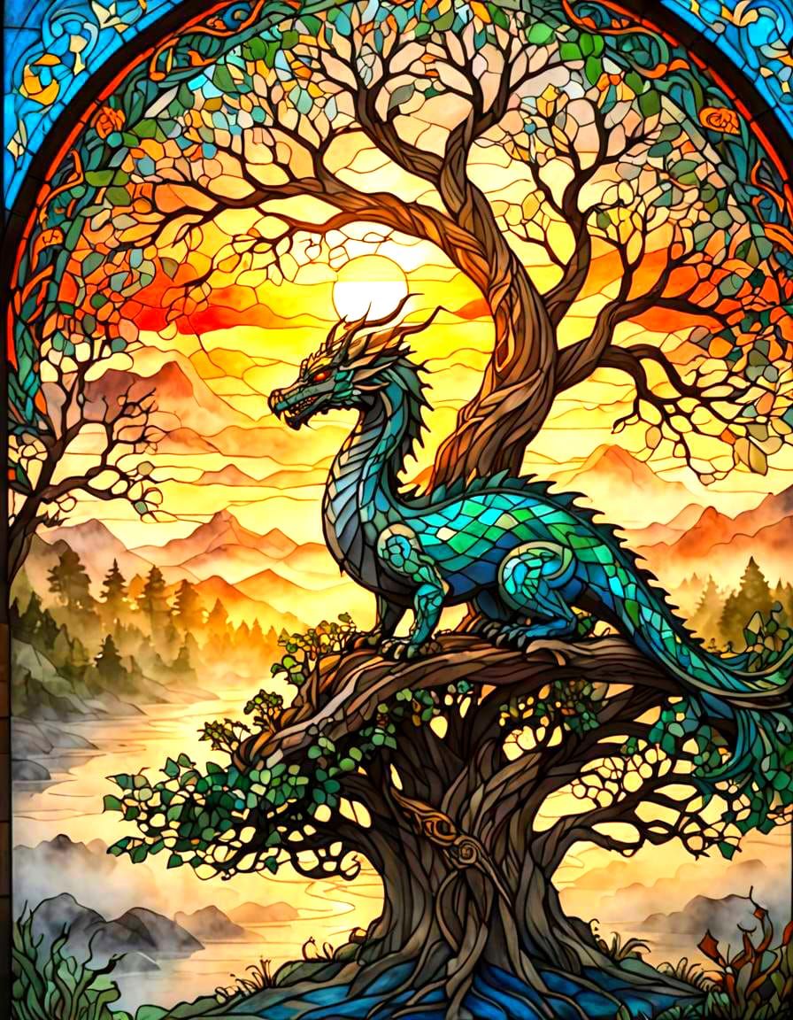 Norse Dragon and Tree of Life in Stained Glass