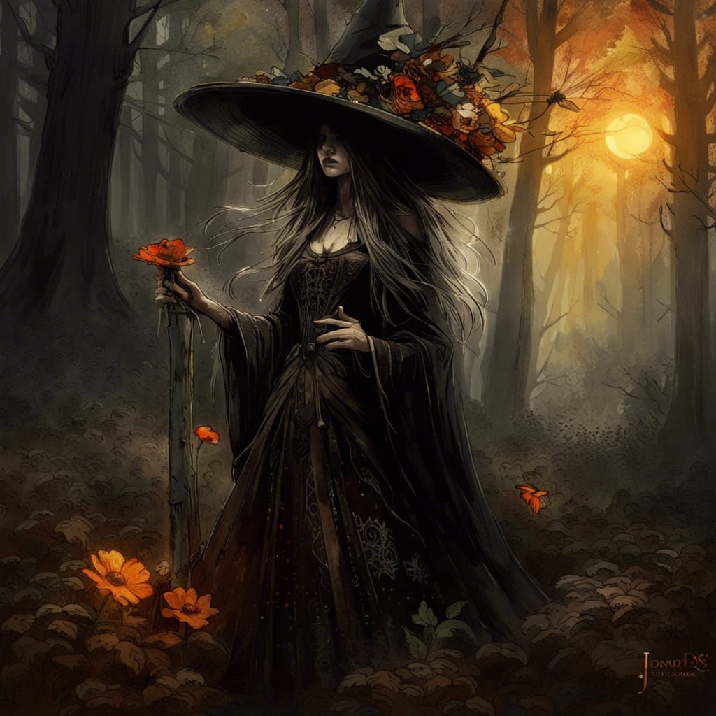 Mystical Witch in Golden Sunlight: Gothic Fantasy Art