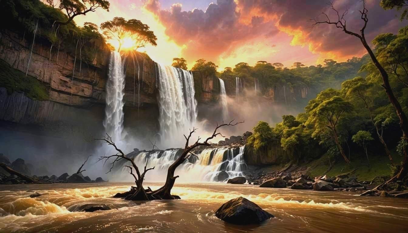 Colombian Waterfall Sunset with Bare Tree in Unreal Engine