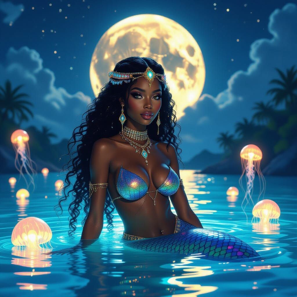 Black Mermaid Emerges from Bioluminescent Lagoon