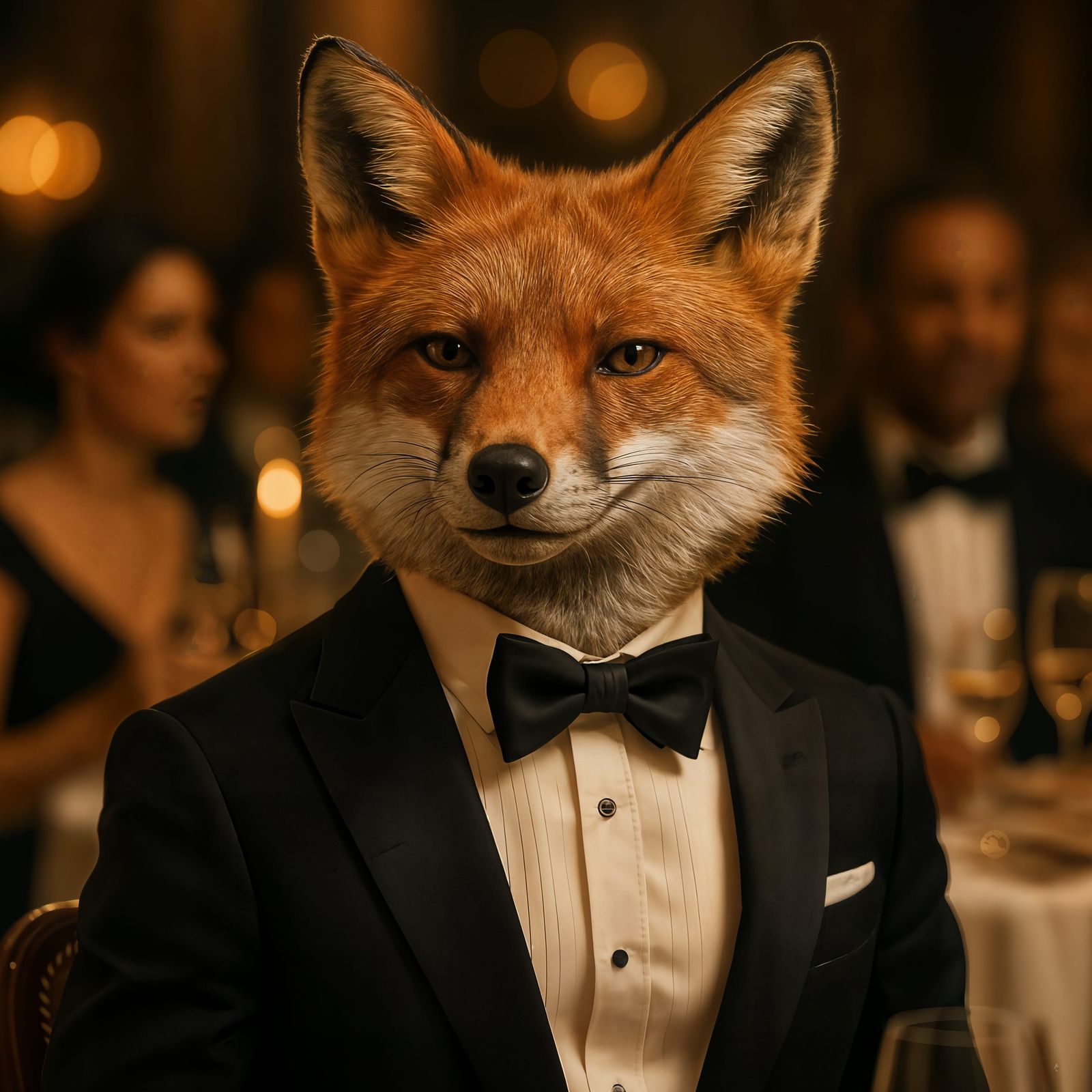 Anthropomorphic Fox in Tuxedo at Dinner Party