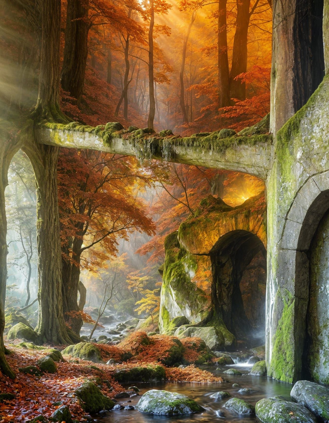 Fallen Temple in Autumn Forest Basks in Radiant Light