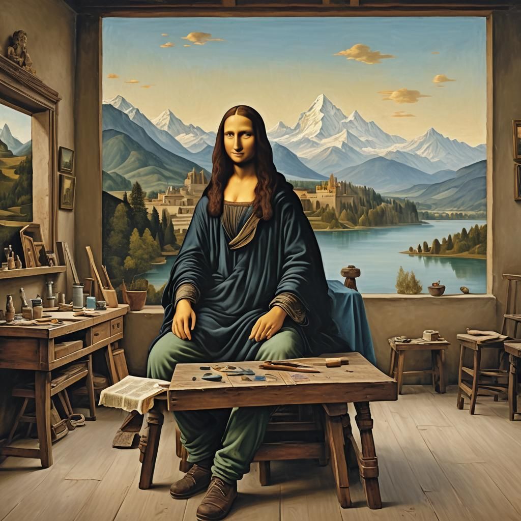 Renaissance Artist Painting Mona Lisa in Workshop