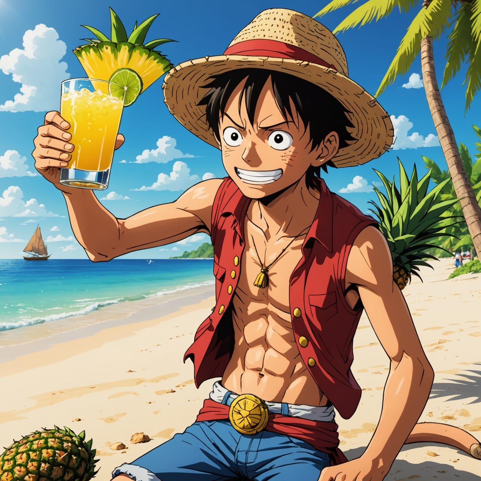 Monkey D. Luffy Sips a Pineapple Margarita on a Tropical Bea...