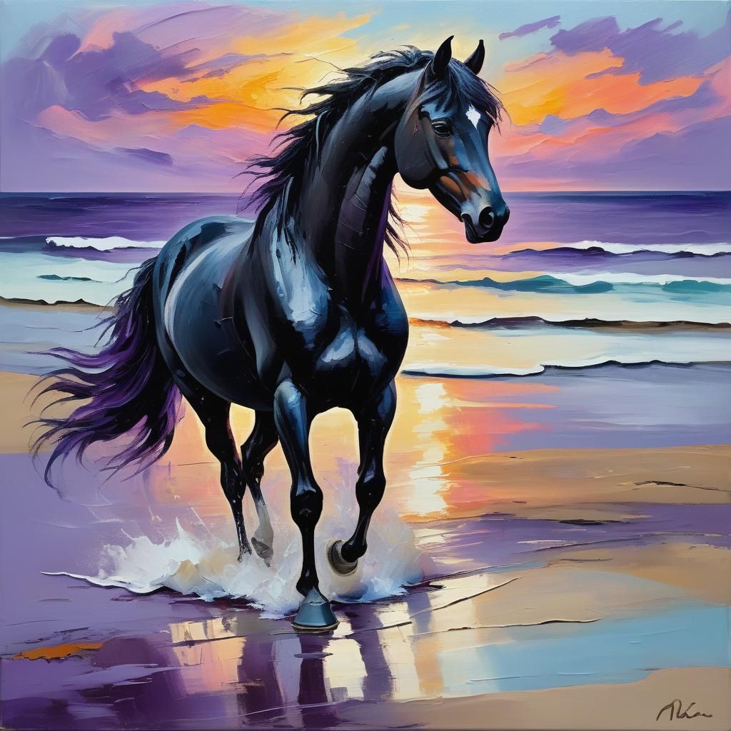 Black Horse at Sunset: Neo-Impressionist Oil Painting