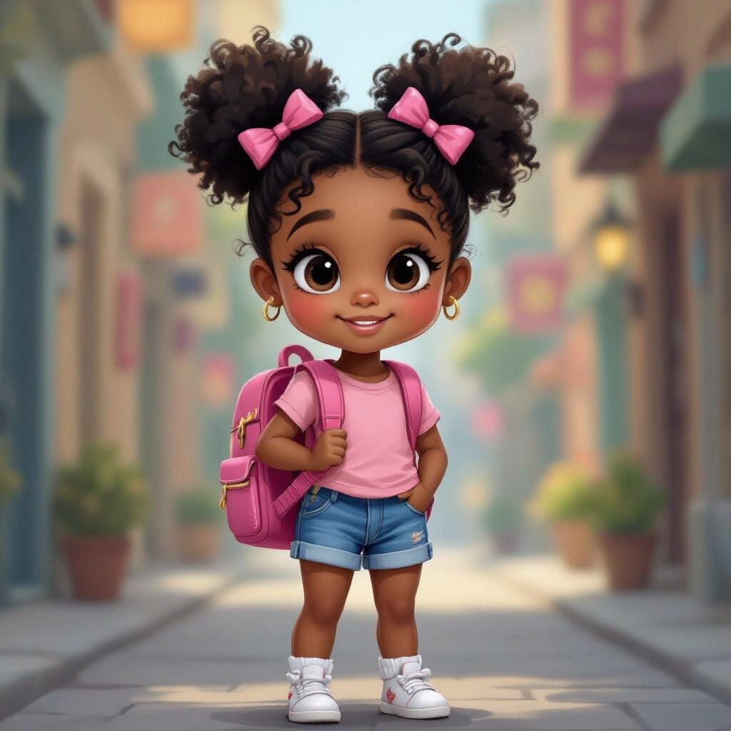 Chibi Girl with Afro Puffs in Cartoon Style