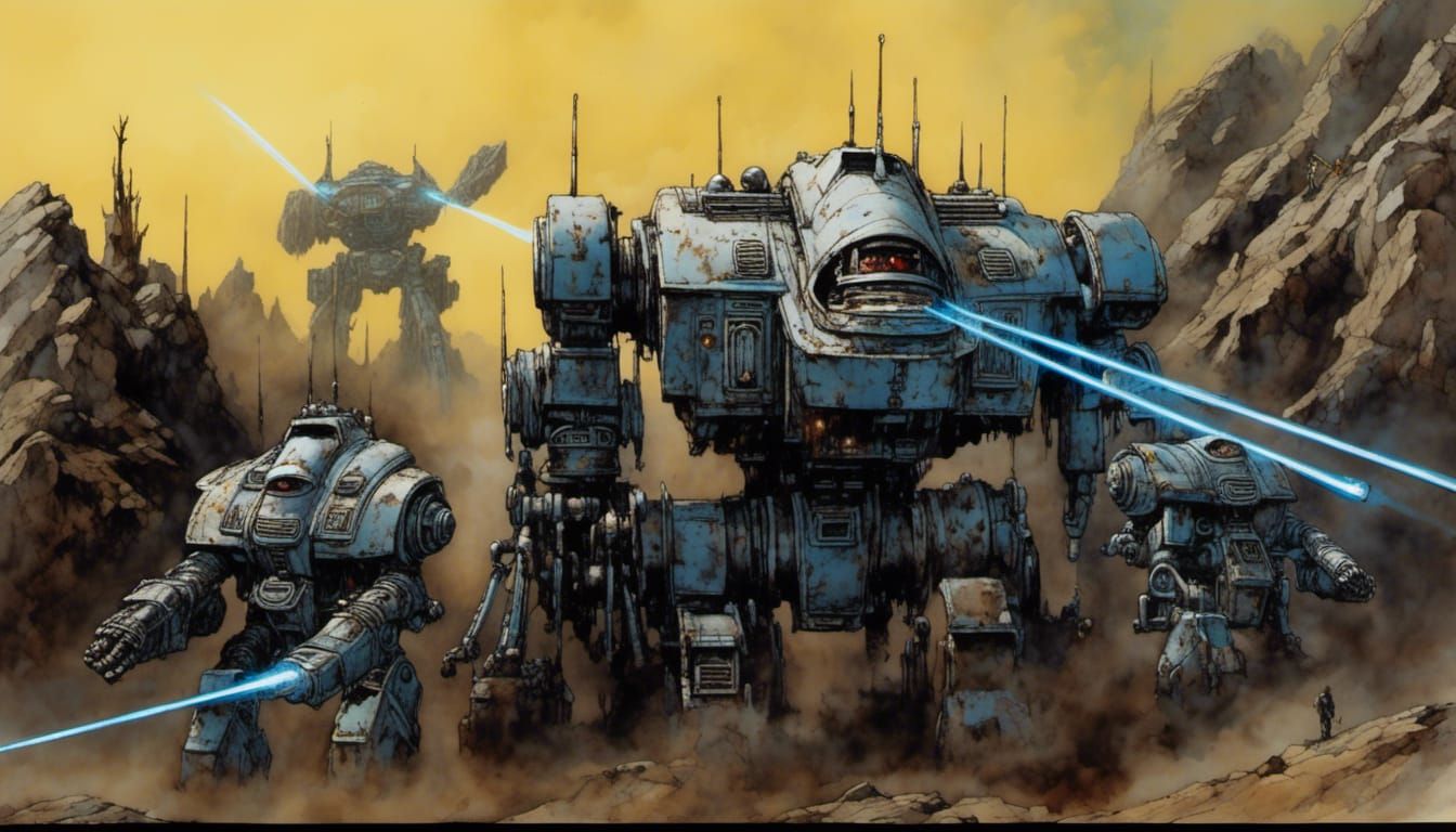 Alien Robot vs Mechwarrior in Biopunk Watercolor