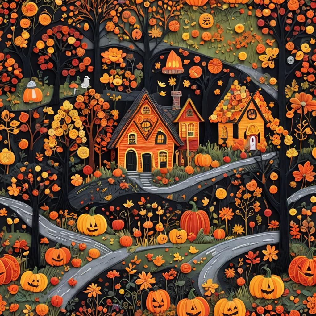 Whimsical Folk Art: Halloween Garden at Sunset