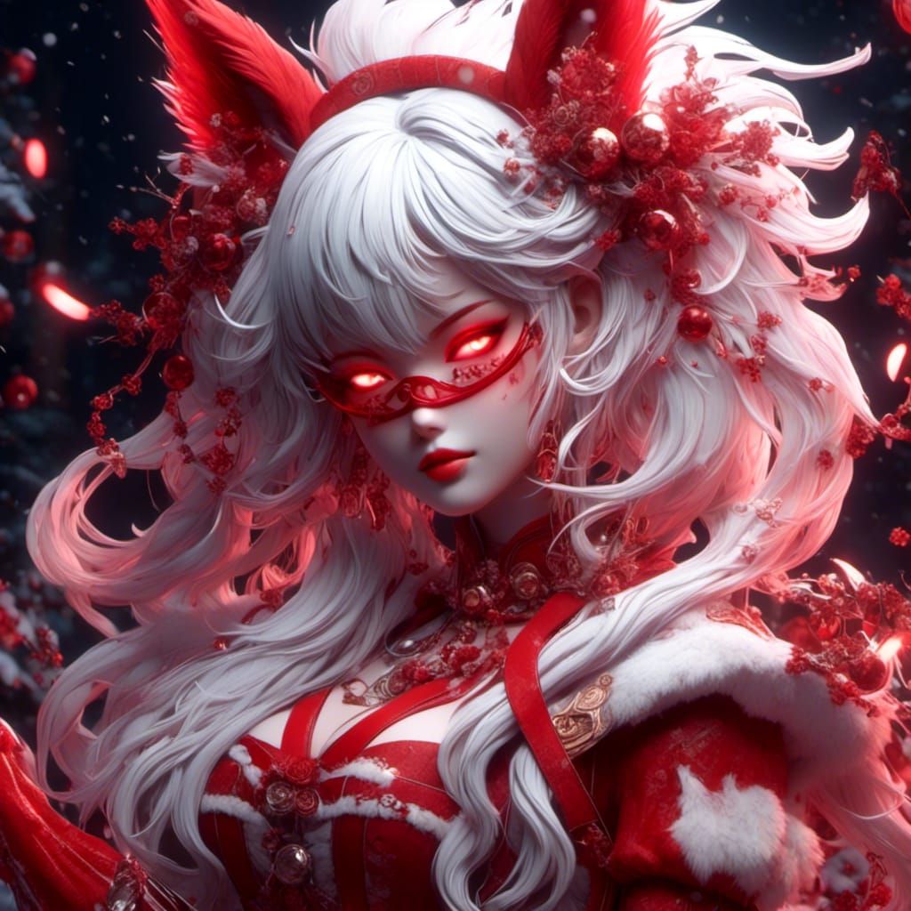 Female winged Kitsune <lora:Fantasy 3d character:1.0> <lora:3D Anime:1.0> candycane inspired, red and white, Christmas