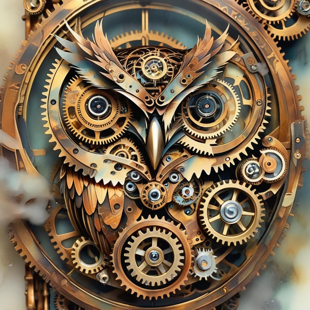 Clockwork Owl in Steampunk Airbrush Style