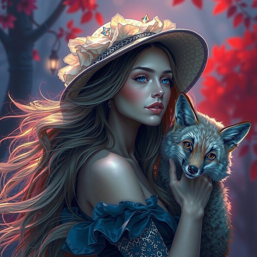 Ethereal Fantasy Girl Surrounded by Mystical Fox in Hyper-Re...