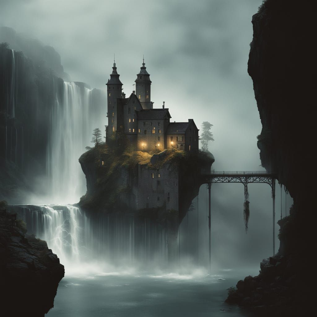 Dieselpunk Prison Island Encased in Vertical Waterfall