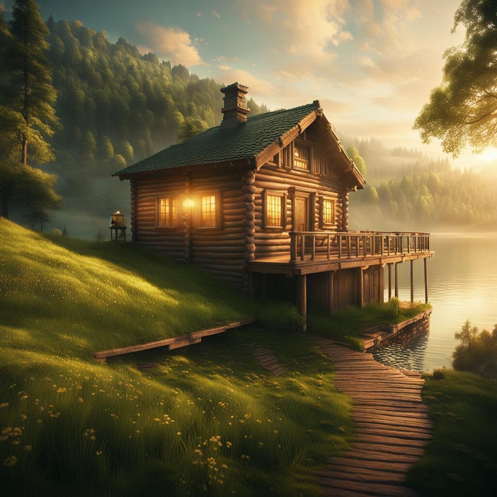 Cabin Overlooking Lake in Digital Matte Painting Style