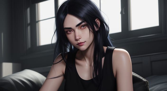 Girl with Gun in Dark Room, Realistic Anime Style