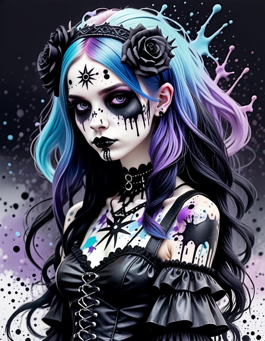 Pastel Goth Gothic Goddess in Ink Splatter Style