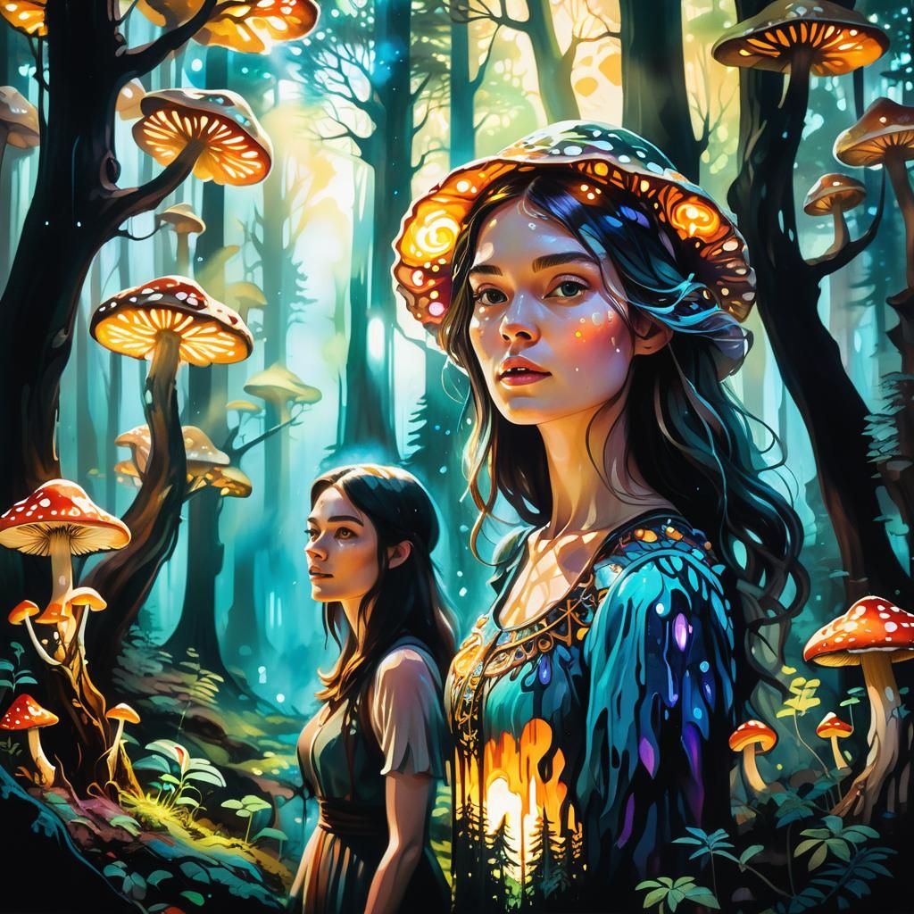 Mystical Forest Woman with Glowing Aura in Gouache Style