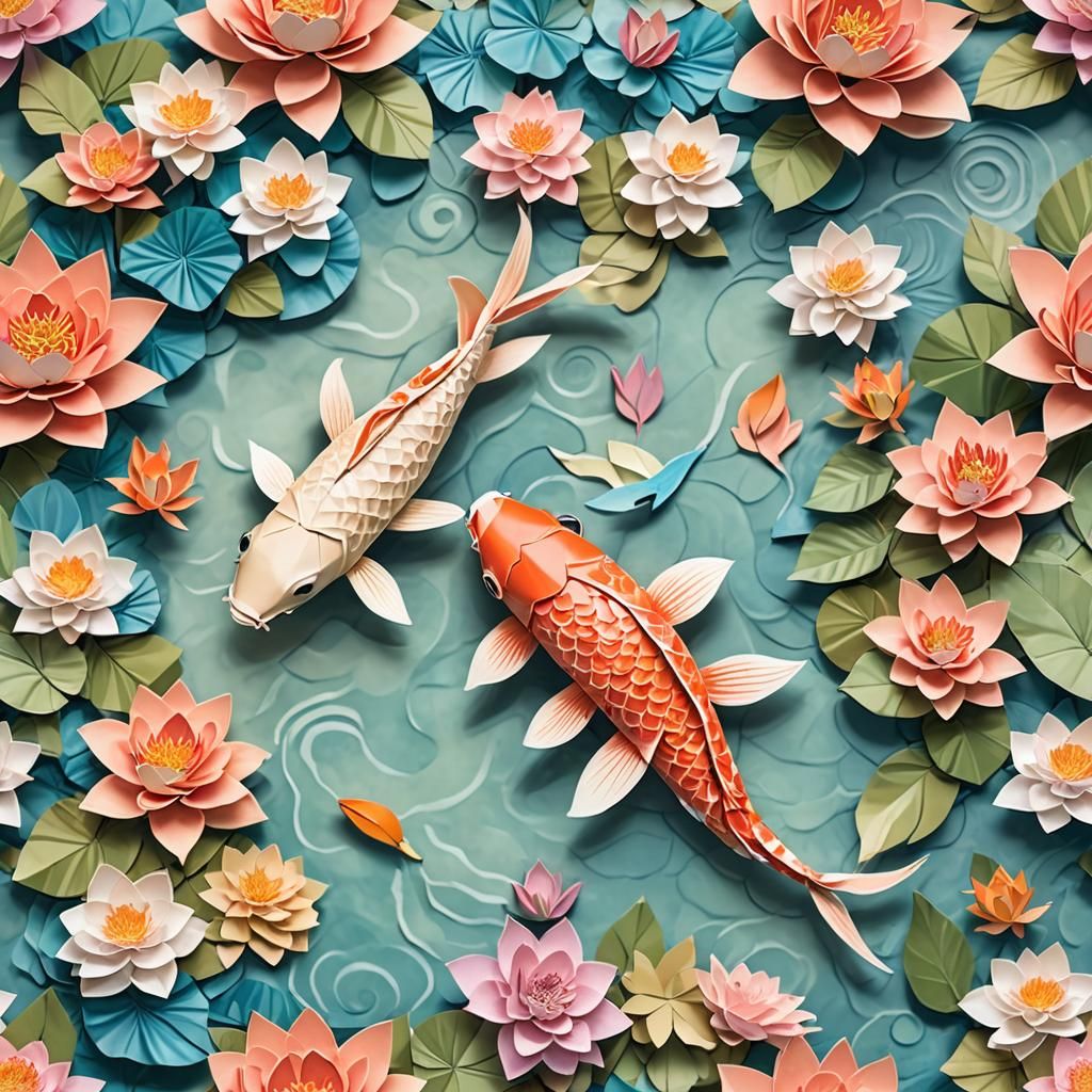 Origami Koi Fish in Flower Pond