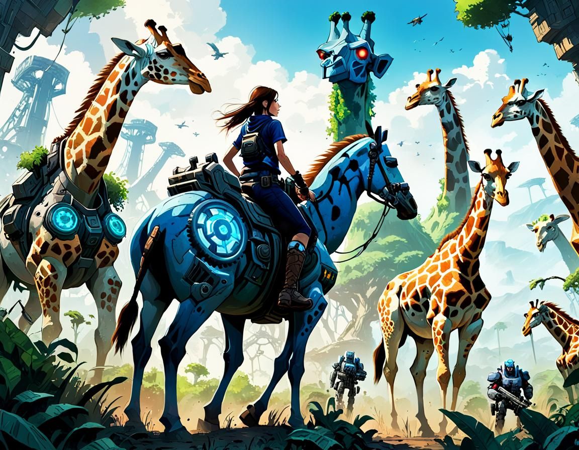 Woman on Horse with Giraffes in Apocalypse Art