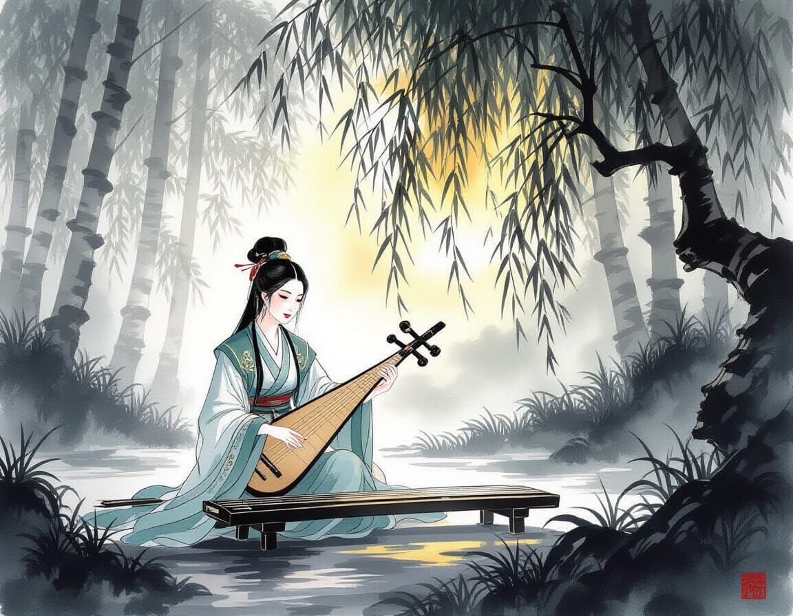 Woman Playing Guqin in Forest, Chinese Ink Wash Painting