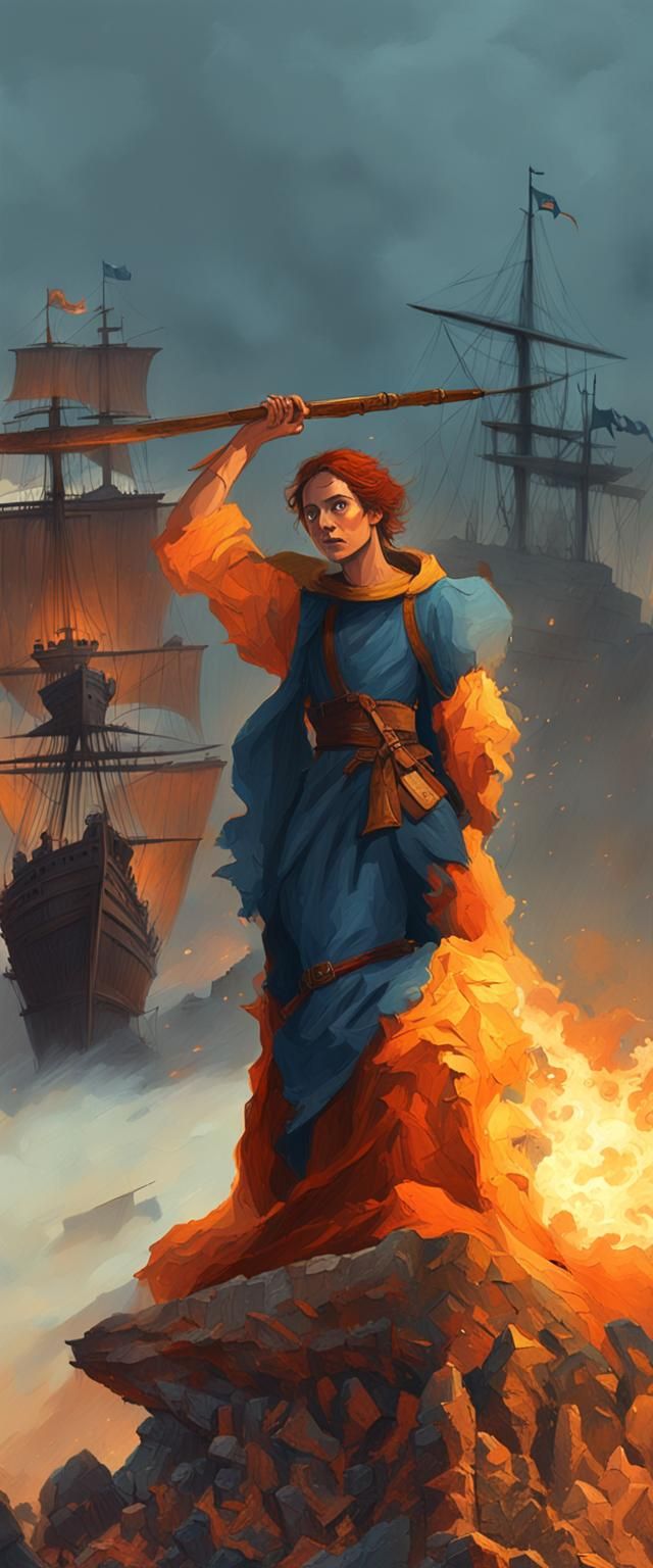 Medieval Woman Watching Naval Battle, Matte Painting