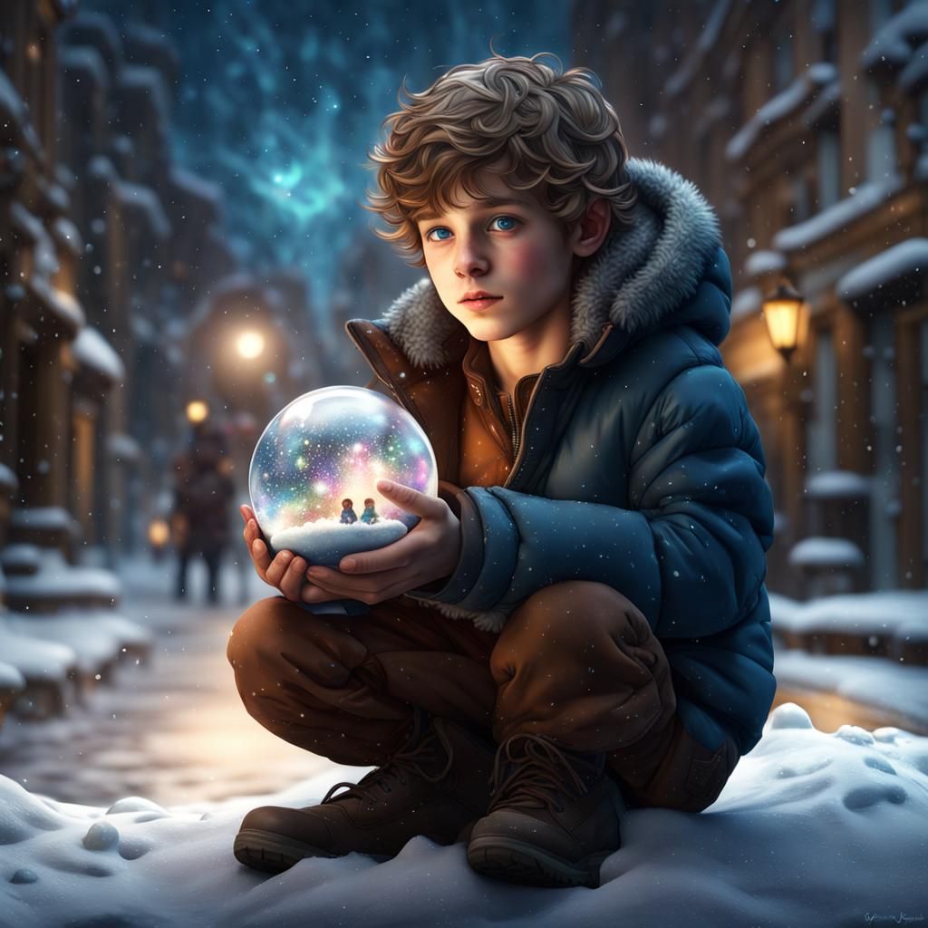 Boy with Galaxy Snow Globe in Winter