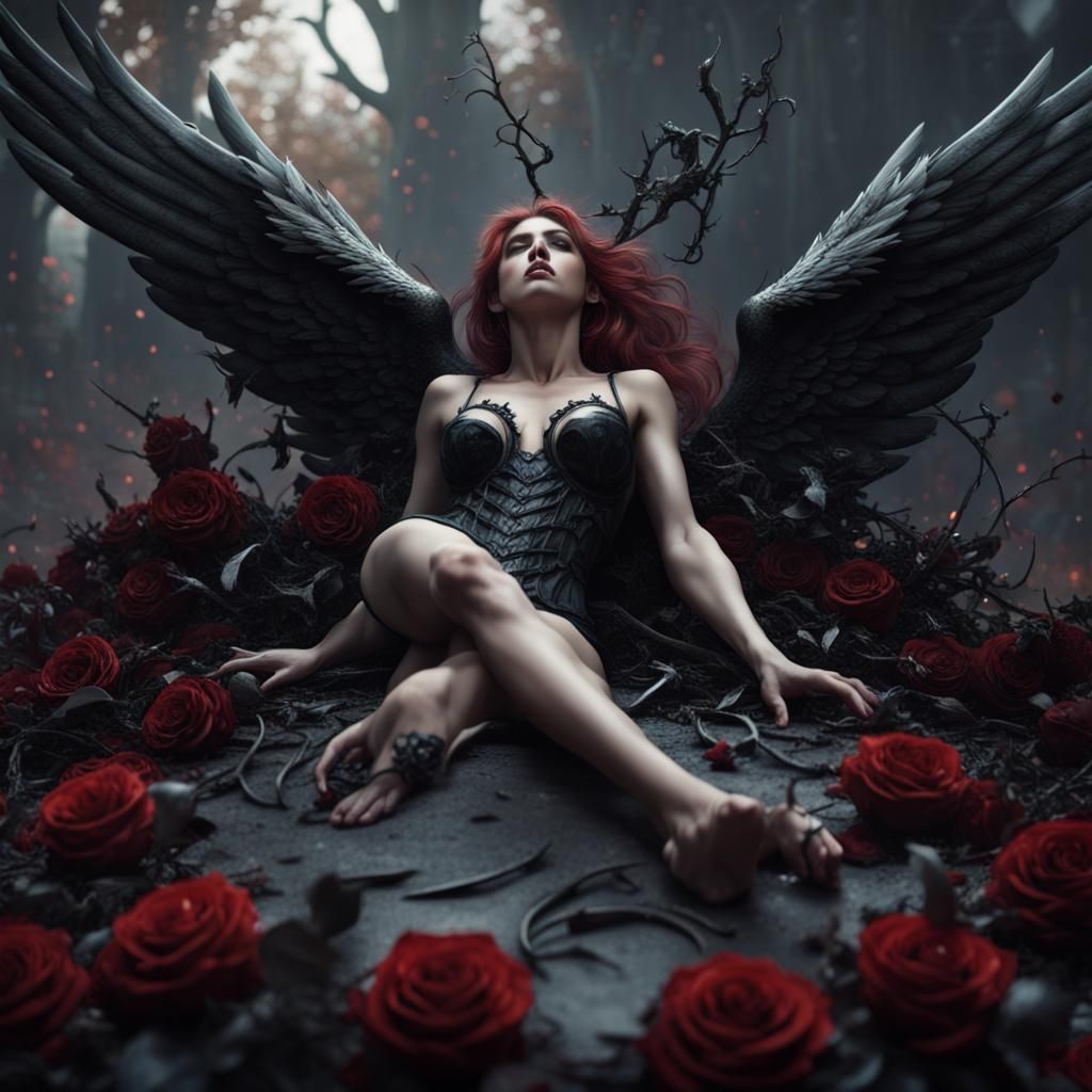 Fallen Angel in Grave with Roses: Matte Painting