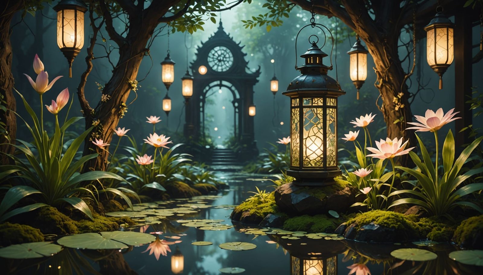 Serene Sanctuary With Meditating Figure and Lantern