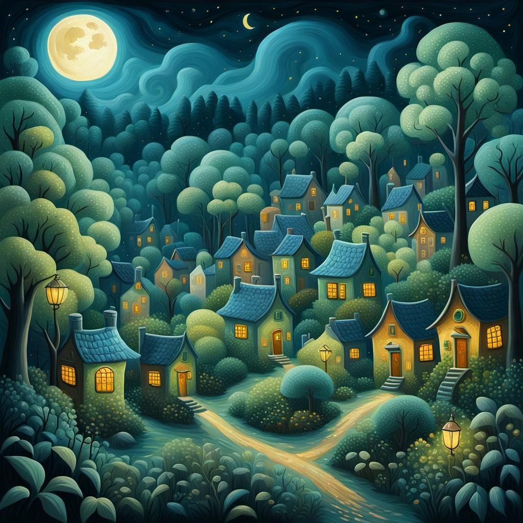 Whimsical Village in Naive Art Style