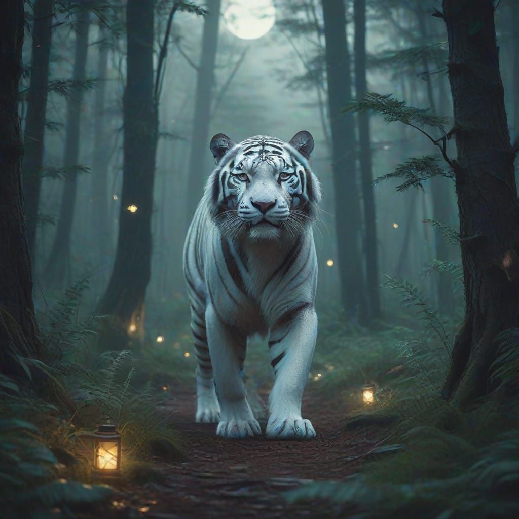 Ethereal White Tiger Roams Enchanted Forest Under Moonlight