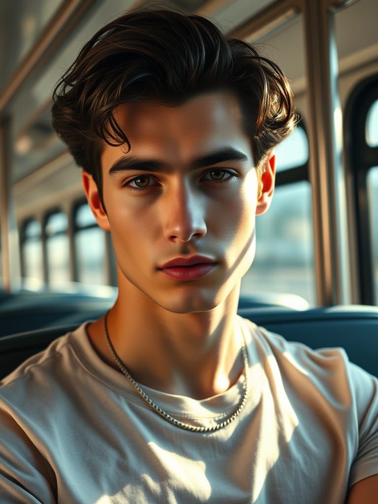 Chiseled Young Man Exudes Confidence on Public Bus