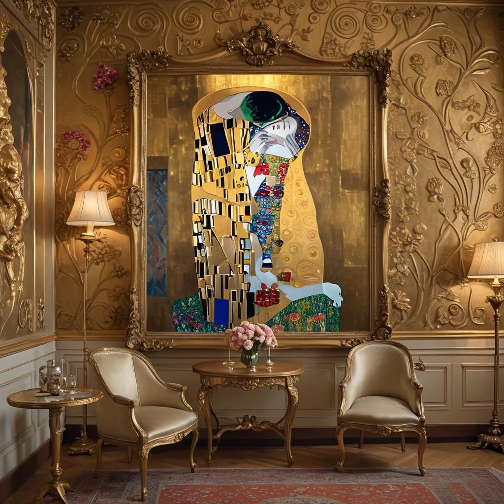 Elegant Room with Klimt's The Kiss, Art Nouveau Style