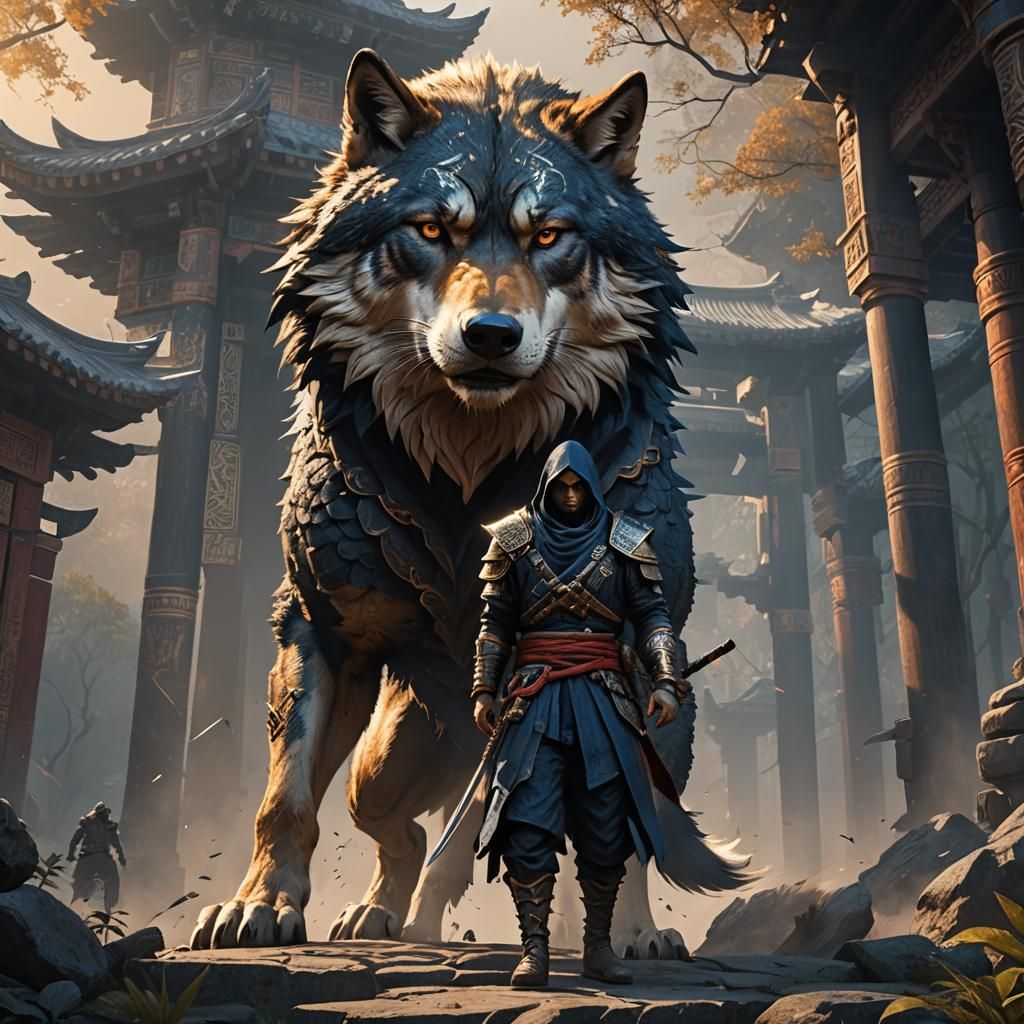 Ninja Assassin and Wolf in High Fantasy Art