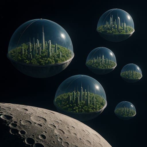 Five Domed Cities Orbiting the Moon