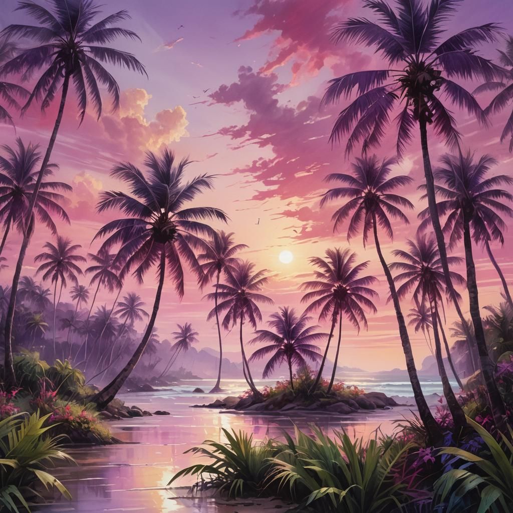 Tropical Sunset in Airbrush Style with Warm Glow