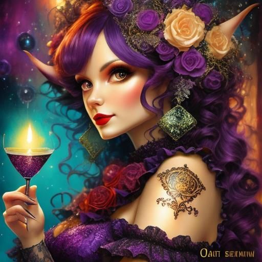 Tattooed Goblin Lounge Singer in Alcohol Ink Style