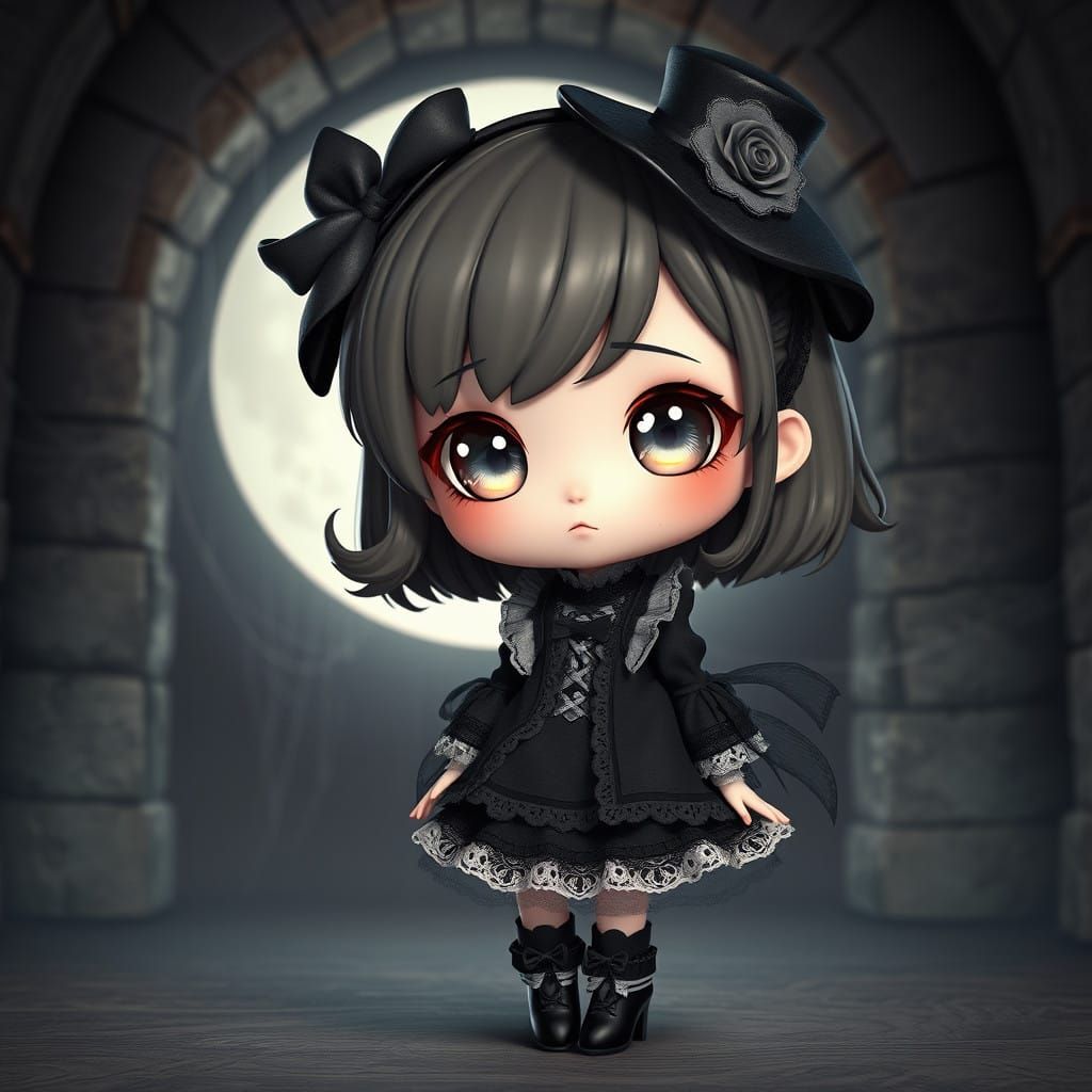 Gothic Lolita Chibi Girl in Moonlit Shadows