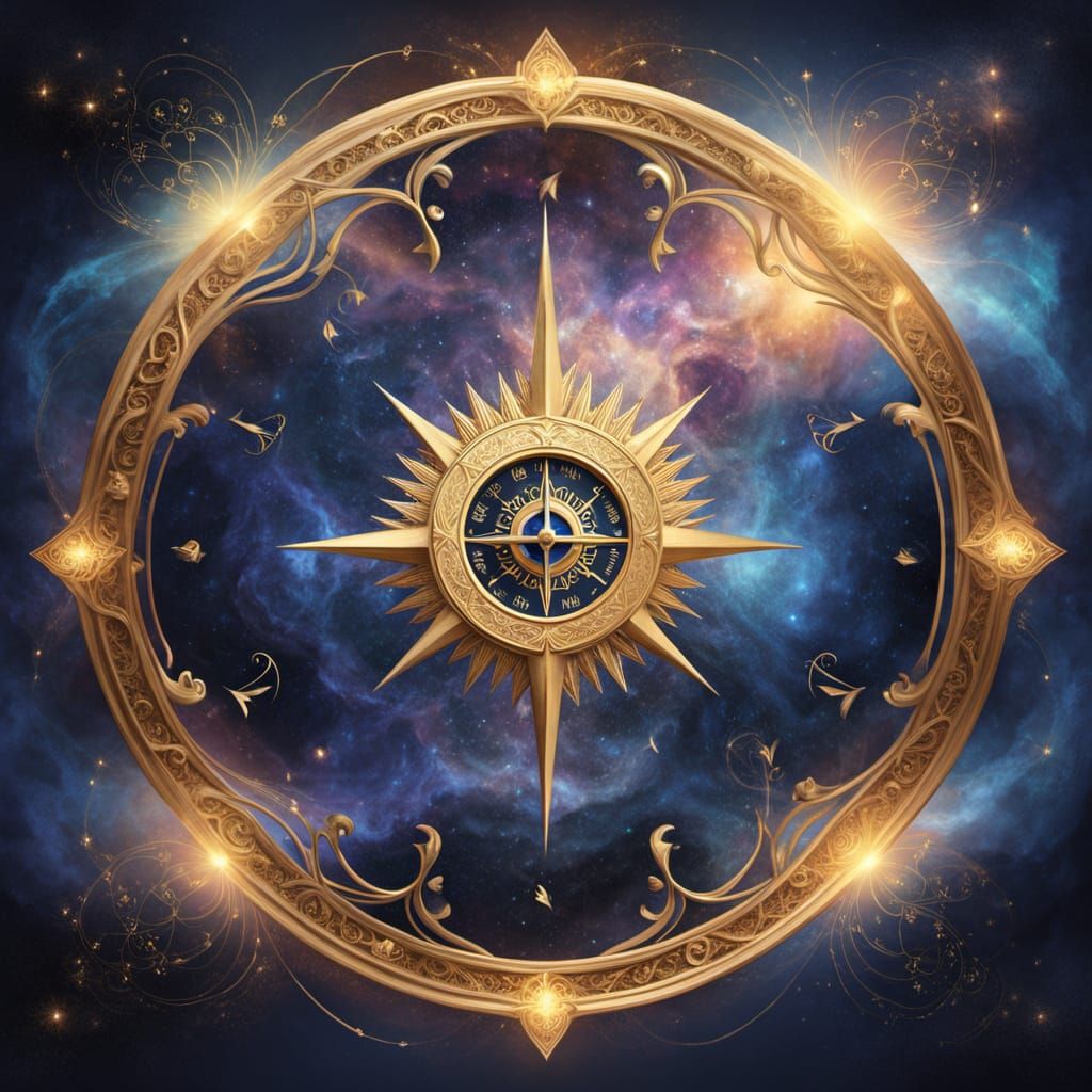 Glowing Heart Compass on Cosmic Nebula Background