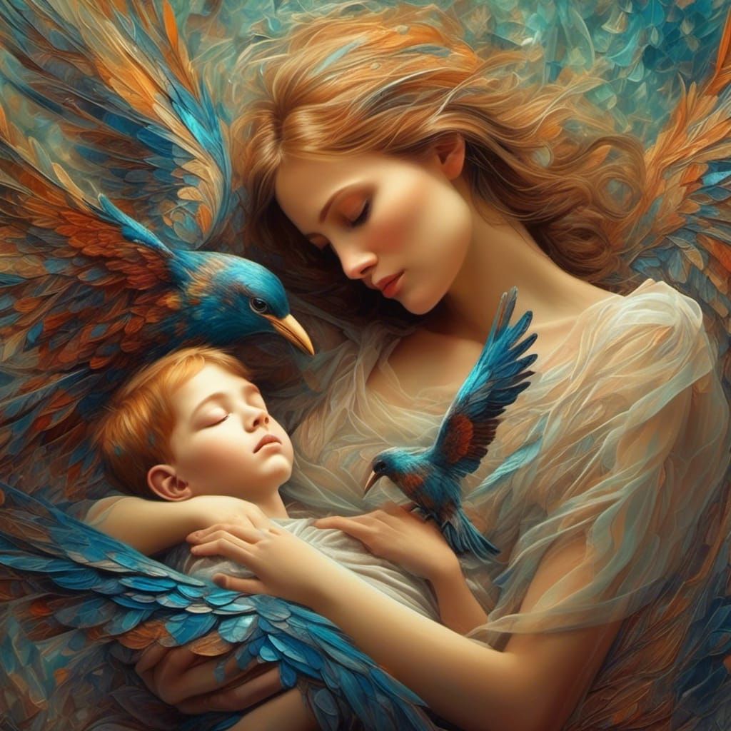 Magical Bird Protecting Sleeping Boy in Fantasy Art
