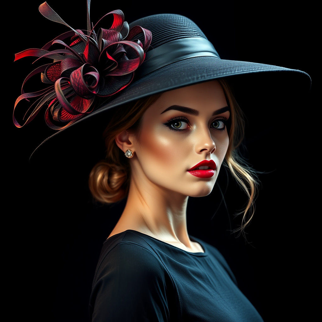 Elegant Woman in Avant Garde Hat, Hyperrealistic Portrait