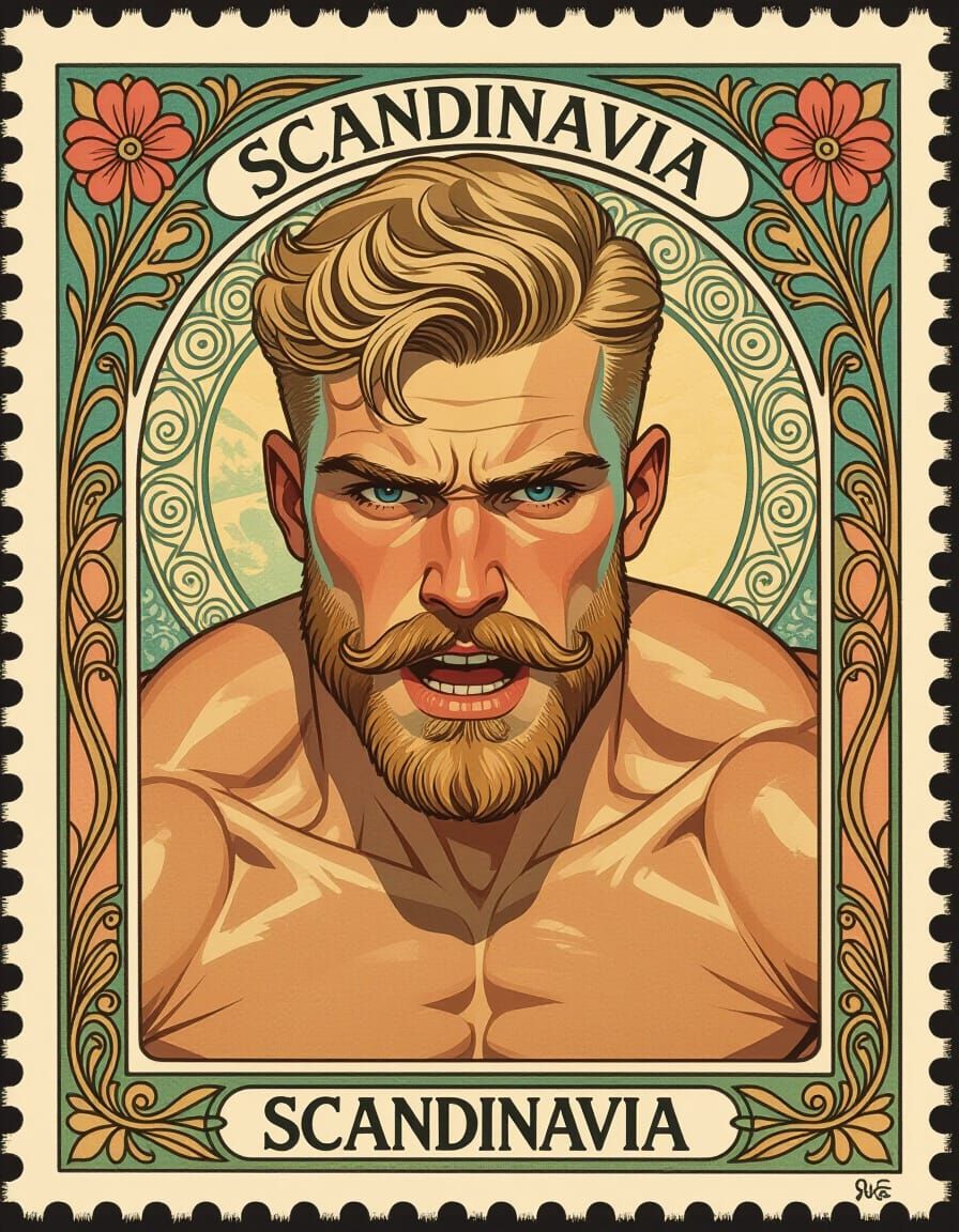 Art Nouveau Painting of Scandinavian Man on Stamp