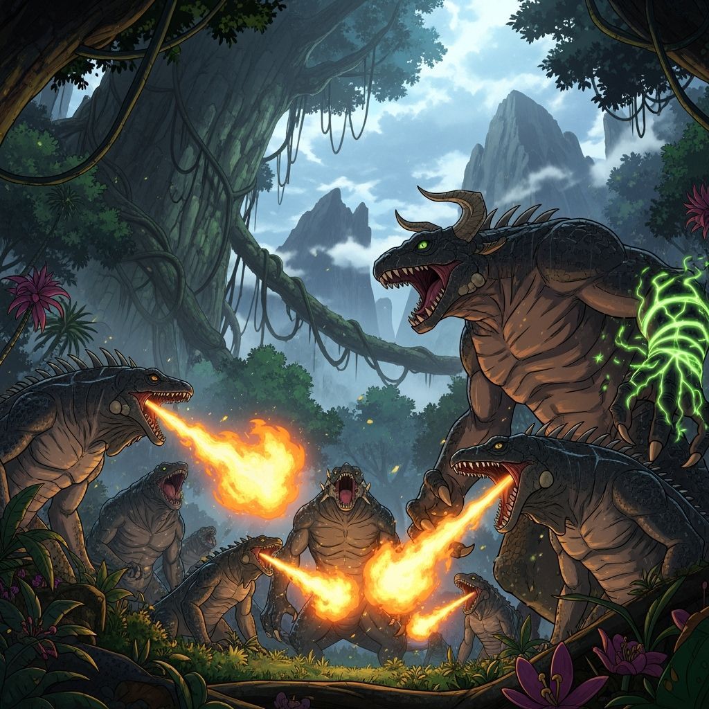 Lizardfolk Tribe in Vibrant Jungle, Cinematic Anime Style