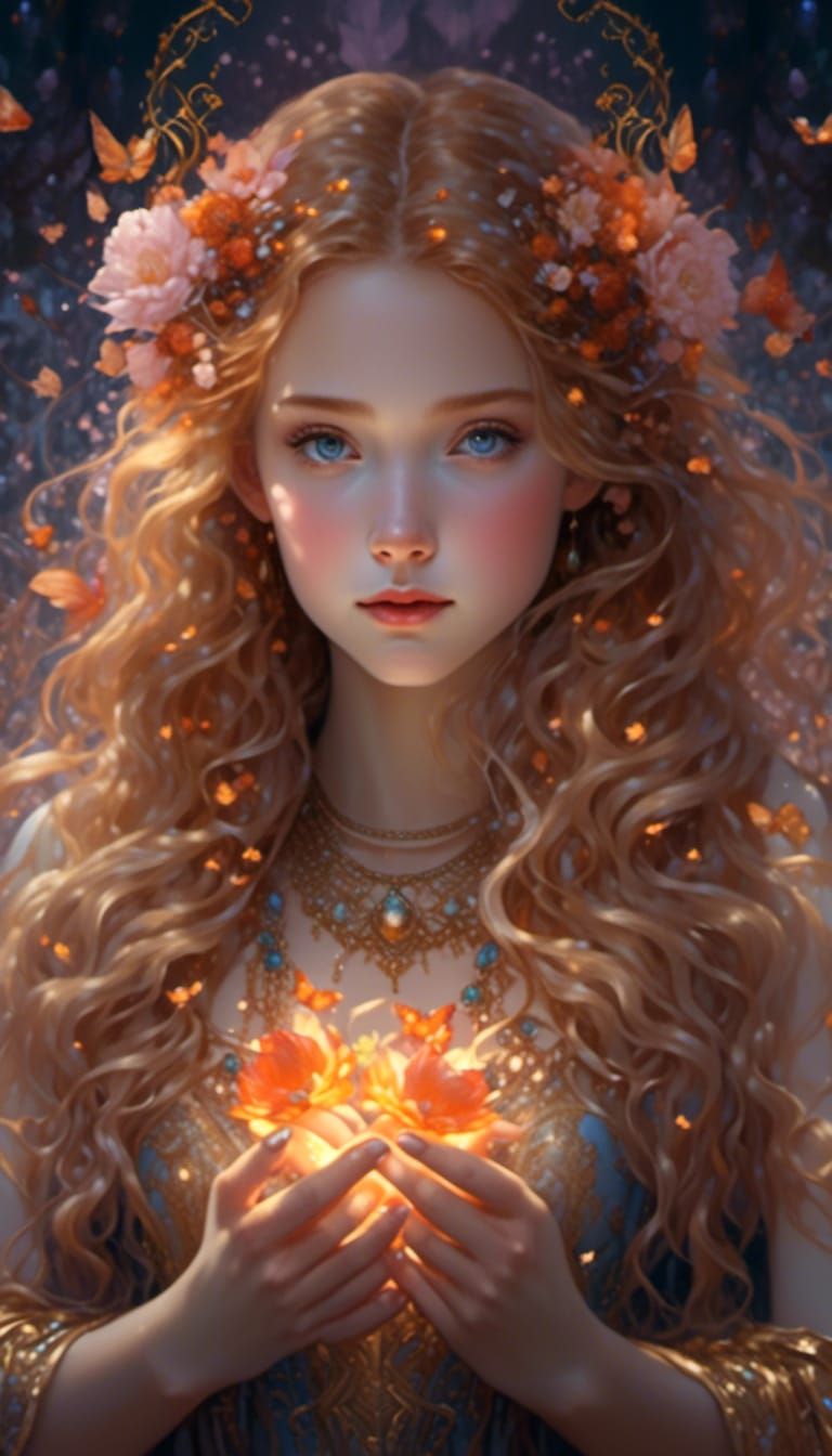 Mystical Girl Ablaze: Detailed Digital Oil Painting