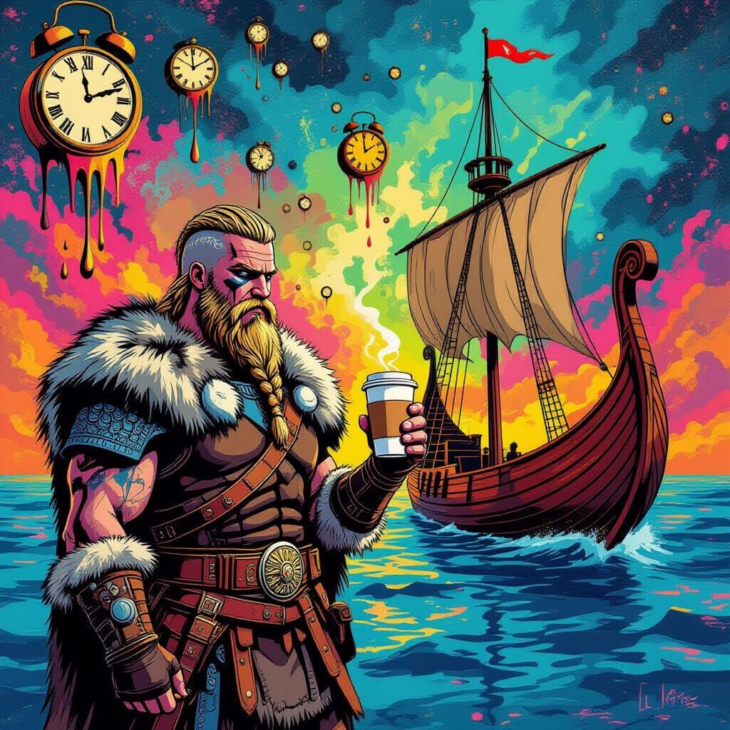 Viking Warrior With Coffee in Surreal Dreamscape