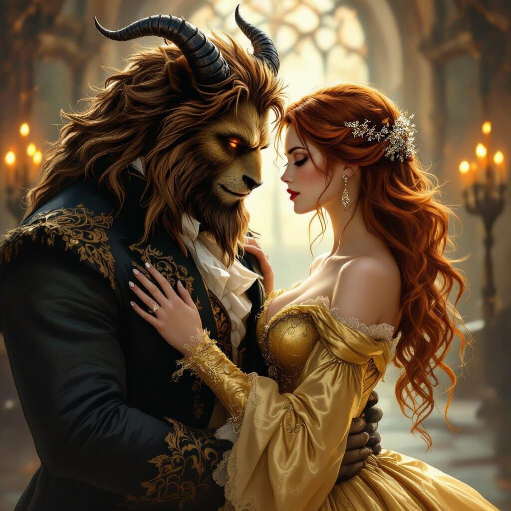 Beauty and Beast's Intimate Gaze in Gothic Ballroom