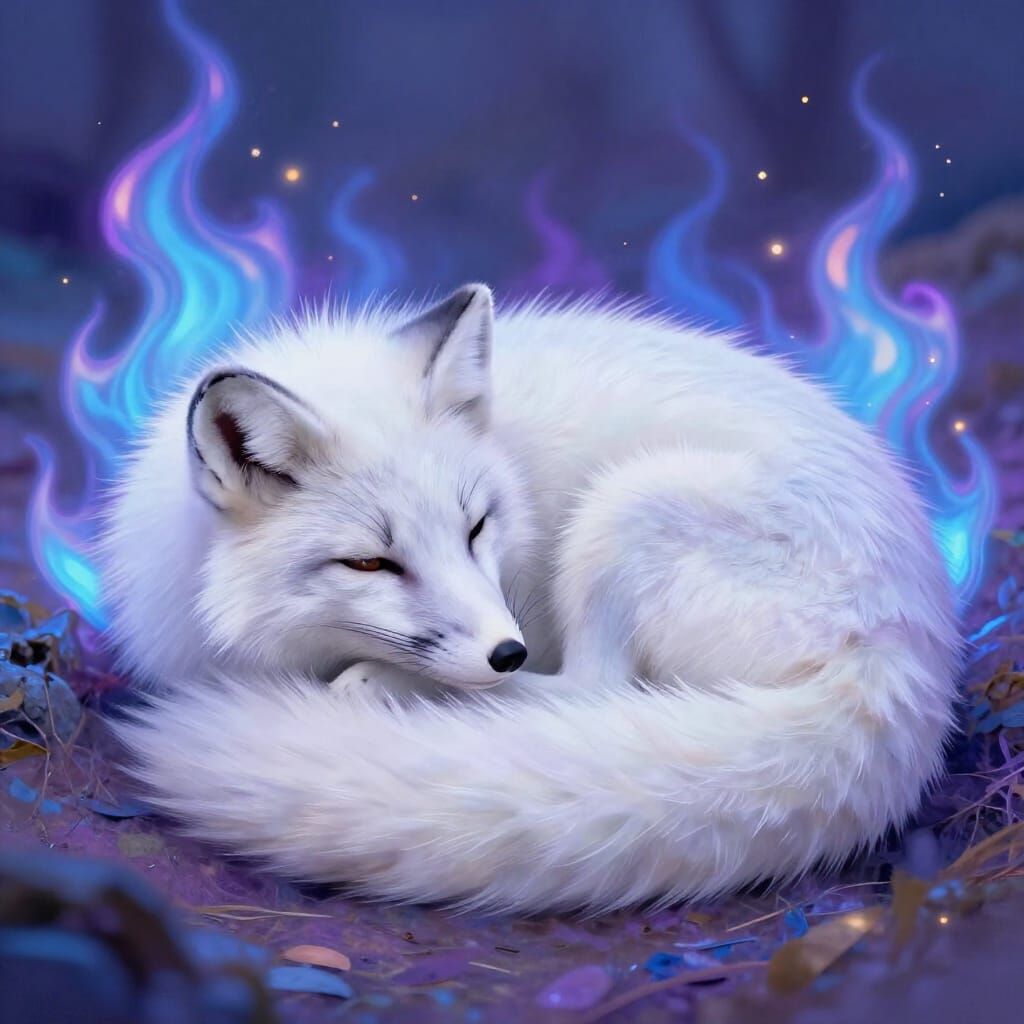 White Fox Sleeping Amidst Ethereal Flames