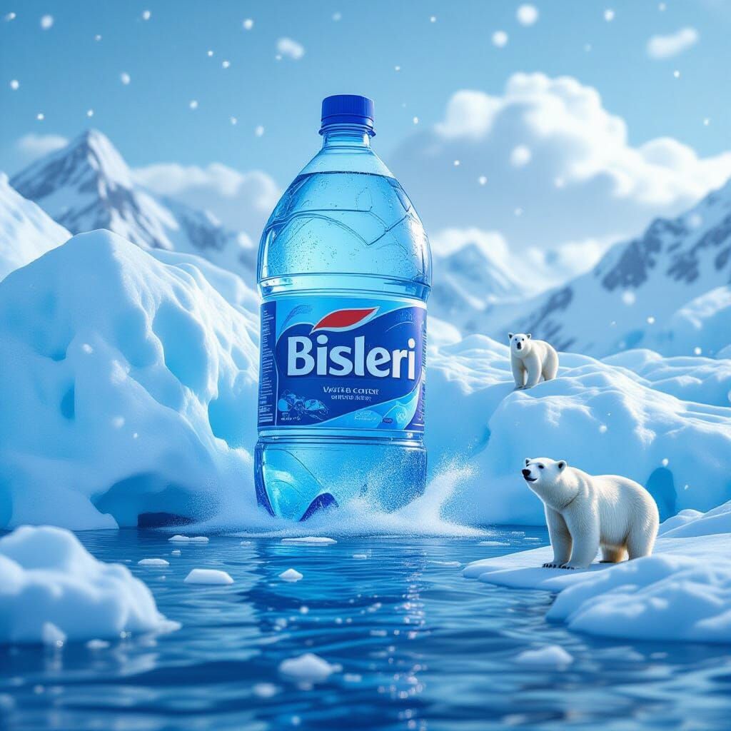 Giant Water Bottle on Glacier in Futuristic Style