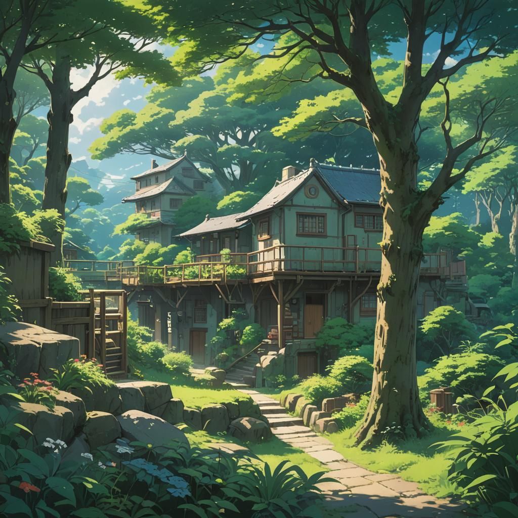 Enchanting Forest House in Studio Ghibli Anime Style
