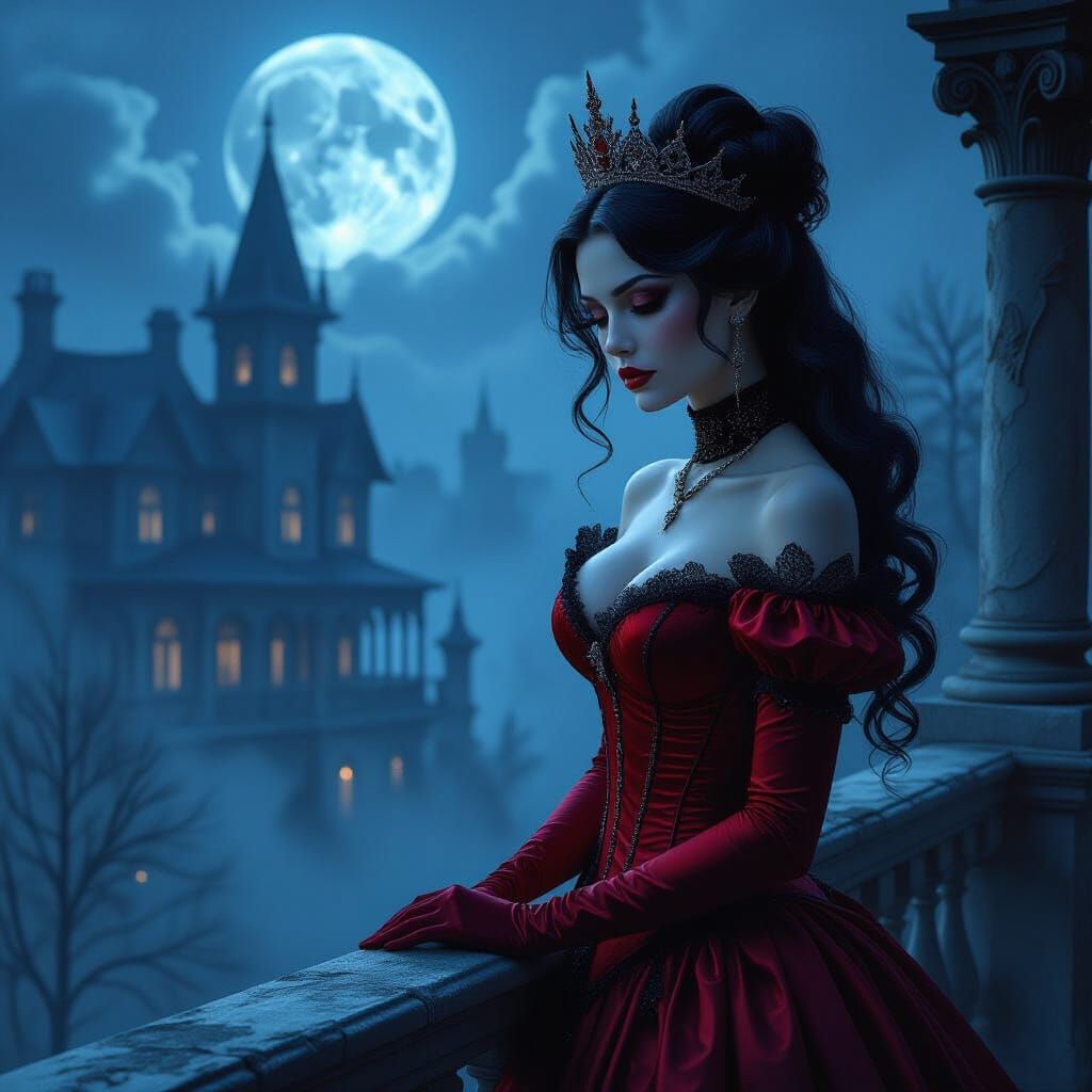 Melancholic Vampire Queen in Gothic Mansion