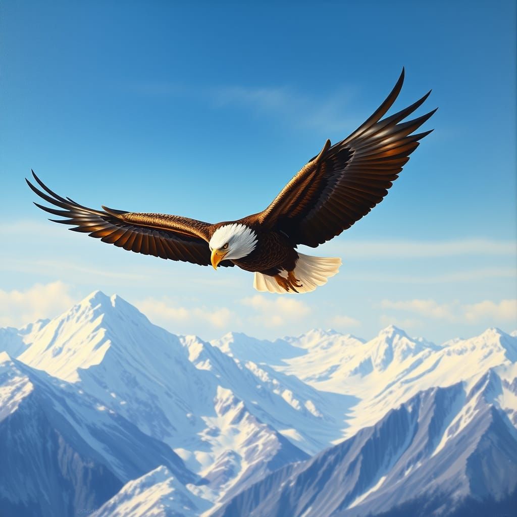 Bald Eagle Soaring Above Snowy Peaks in Vibrant Oil