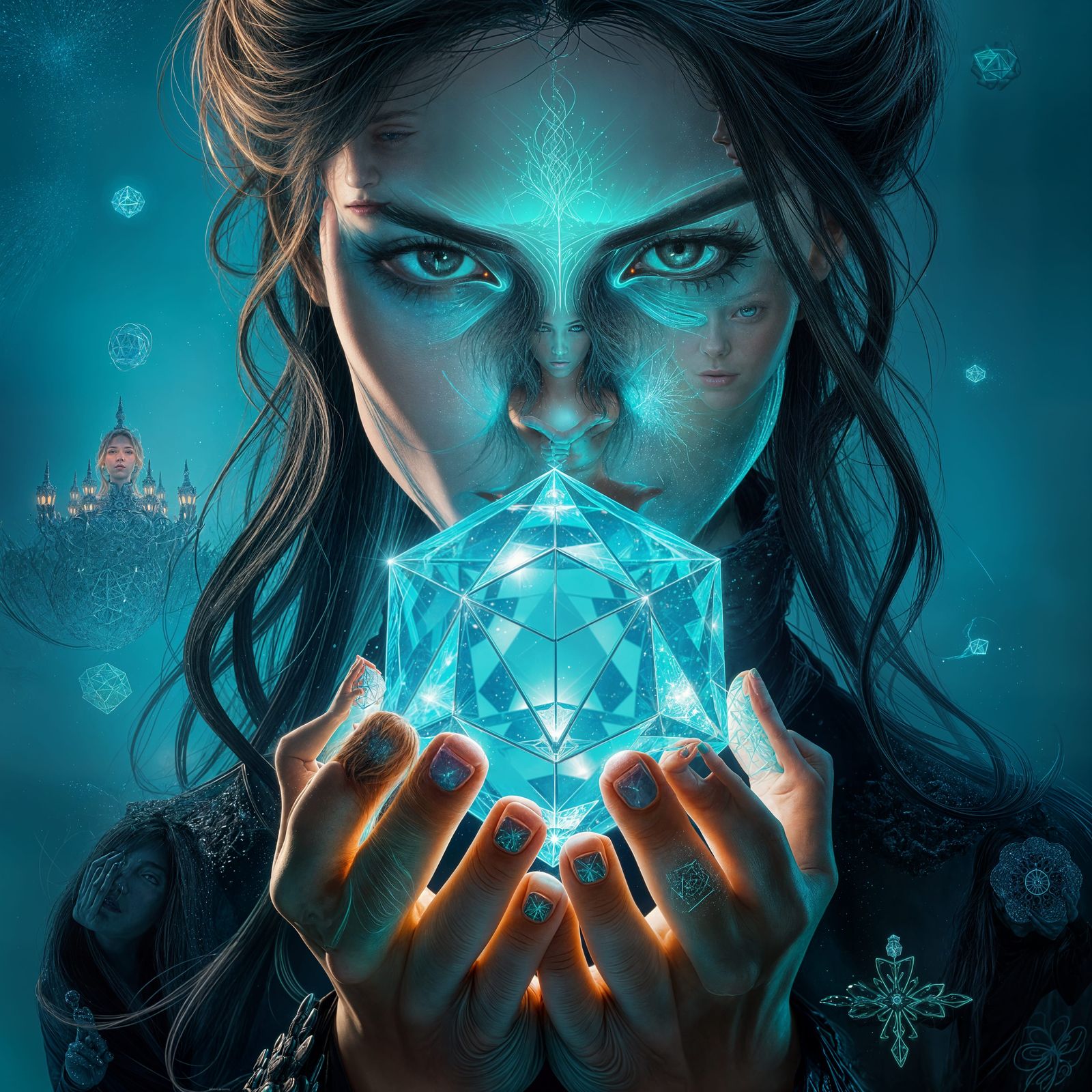 Enigmatic Figure Holds Ethereal Tesseract in Dreamlike Scene